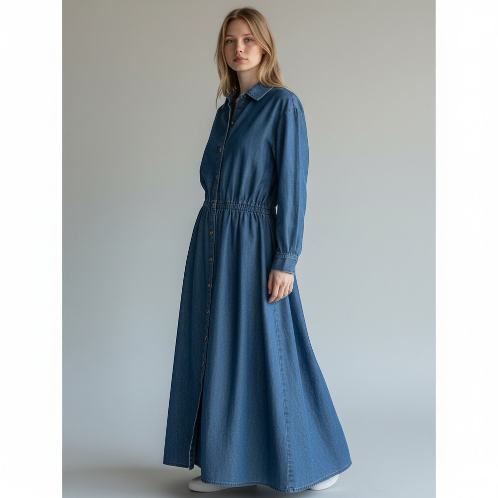 READY TO WIND DOWN | Denim Maxi Dress Women M Blue Button Down Pocket